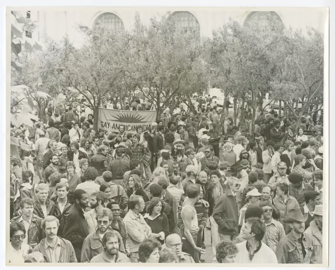 June 24, 1979; Gay American Indians banner at Civic Center during San Francisco “Gay Freedom Day Parade”. Photo by Joe Altman.